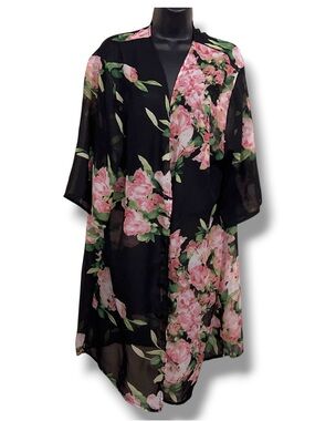 One Size Feitong black Pink Floral Kimono Top Flowy Semi Sheer Lightweight